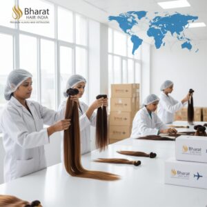 Skilled team inspecting premium human hair for global export at Bharat Hair India