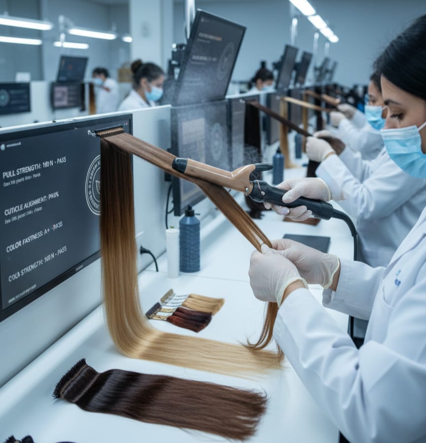 Human hair quality control and testing process at Bharat Hair India facility